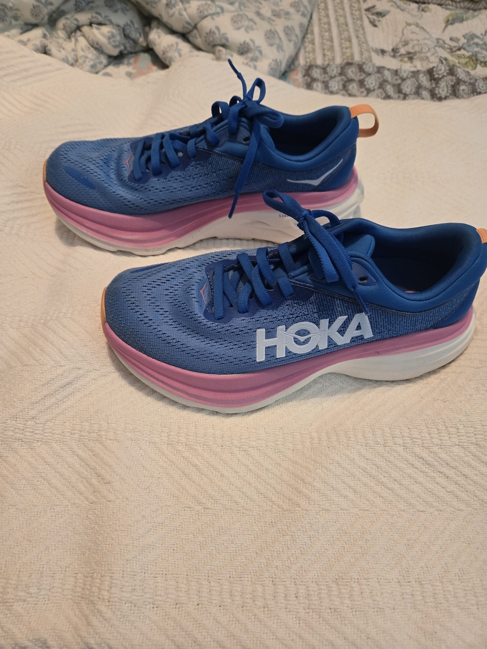 Hoka Women's Blue Running Shoes with Pink Midsole and Orange Heel Tab